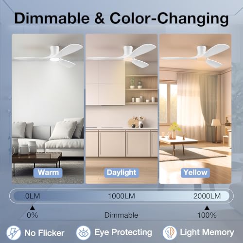 52” Smart Low Profile Ceiling Fans with Light Remote,Wood,Flush Mount,White