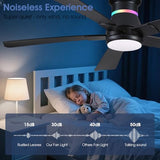 Surtime 52" Black Ceiling Fans with RGB Lights - Flush Mount Ceiling Fan Light with LED 3CCT Dimmable, Modern Low Profile Ceiling Fans for Indoor Party,Covered Outdoor