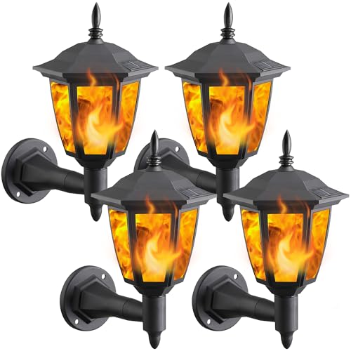 4 Pack Solar Flame Wall Lanterns Outdoor, Solar Powered Wall Mounted Sconce Lights, Flickering Flame LED Lights Auto On/Off Wall Hanging Lights, Waterproof for Garage Stair Patio Porch Yard