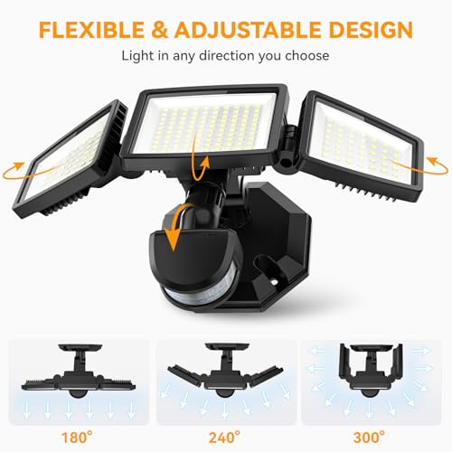 LED Security Lights Motion Sensor Light Outdoor, 7000LM, 6500K, Waterproof, Flood Light Outdoor Motion Detector with Adjustable 3 Head, Hardwired Wall Light for Entryway, Yard, Garage