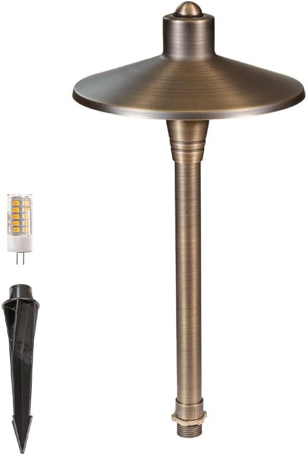 G2 12V Brass Mini Path Light (15" Tall) with 3W 2700K Warm White G4 LED Bulb for Low Voltage Landscape Lighting on Outdoor Pathway, Walkway, Garden, Driveway or Patio