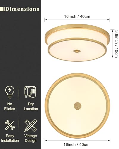 16 inch Flush Mount Ceiling Light, 3-Light Close to Ceiling Light Fixtures with Gold Finish for Livingroom Bedroom Kitchen Diningroom (Gold)