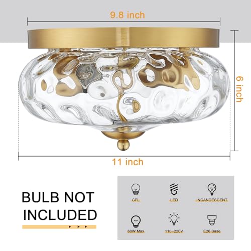 Darkaway Ceiling Light Fixtures Flush Mount Indoor Outdoor Ceiling Light with Water Ripple Glass Shade for Hallway Kitchen Bedroom Porch Living Room Gold Finish