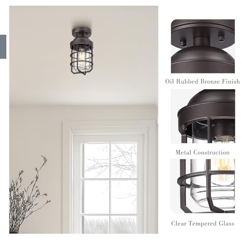 Emliviar Oil Rubbed Bronze Finish 11.1" Semi Flush Light Fixture for Indoor, Farmhouse Semi Flush Mount Ceiling Light with Clear Tempered Glass Shade, GE255LF ORB