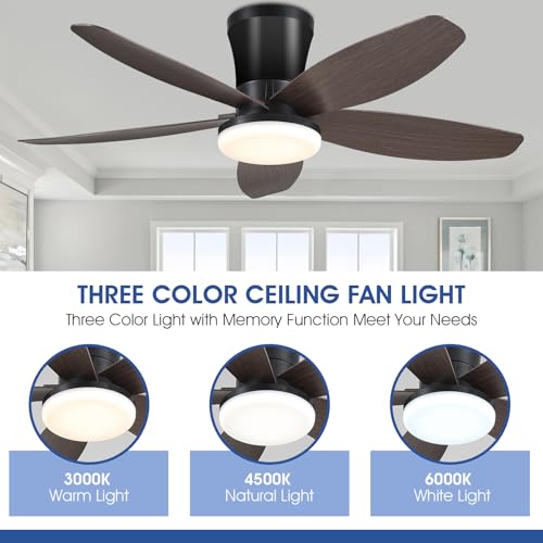 Surtime Ceiling Fans with Lights-36 Low Profile Ceiling Fan with Light and Remote/APP Control,Flush Mount,DC Reversible,LED Dimmable Modern Ceiling Fans for Bedroom,Indoor/Outdoor Patio Use(Brown)