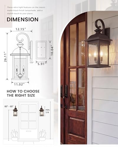 FEMILA 26" Outdoor Wall Sconce, Large Exterior Lighting Fixtures, 3-Light Outdoor Wall Lantern Porch Lights for Patio, Garage, Doorway, ORB Finish, E12 Base, 4FD54B-L ORB-WP