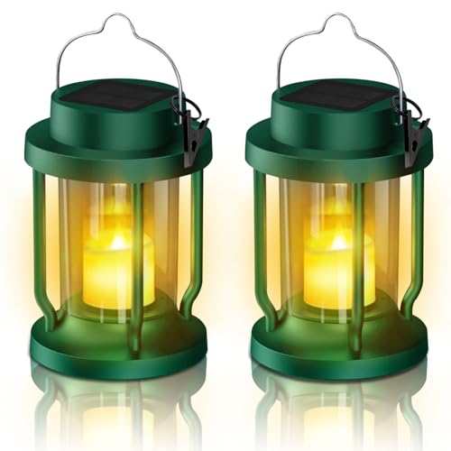 Solar Lantern Outdoor & Indoor Use – Hanging Solar Lights with Realistic Flickering Flameless Candle, Weatherproof for Gardens, Patios, Trees, and Lawns (Green, 2 Pack)