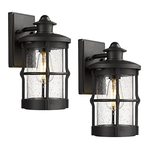 Outdoor Wall Sconces, Outdoor Wall Lights, Exterior Wall Mount Lighting, Wall Light Fixture in Black Finish with Seeded Glass (Black, 2 Pack)