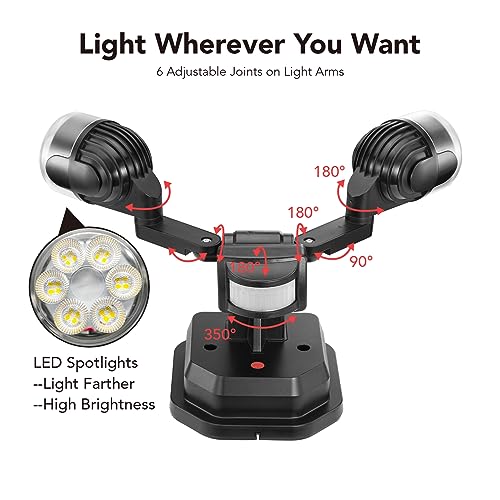 OREiN Motion Sensor Outdoor Security Lights, Dual-Head Adjustable LED Flood Lights, 3 Modes (Motion/Manual/Dusk to Dawn), 150W Equivalent, 5000K, IP65 Waterproof, Hardwired, Black (2 Pack)
