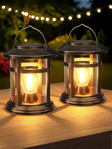 Solar Lantern Outdoor Waterproof, 2 Pack Bright Hanging Solar Lights for Outside Decorative, Upgraded Solar Powered Lanterns LED Lighting for Garden Patio Porch Decor Gifts (Antique Copper)
