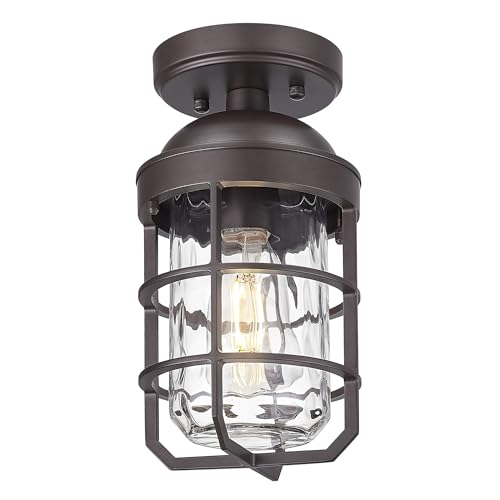 Emliviar Oil Rubbed Bronze Finish Light Fixture Ceiling Mount, Retro 11.1" Semi Flush Lighting with Water Ripple Glass Shade, GE255LF ORB-WG