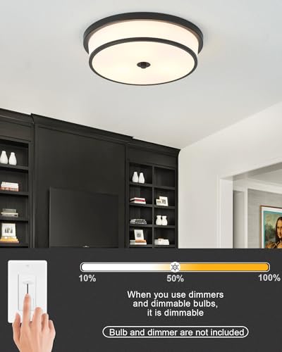 16 inch Flush Mount Ceiling Light, 3-Light Close to Ceiling Light Fixtures with Black Finish for Livingroom Bedroom Kitchen Diningroom(Black)