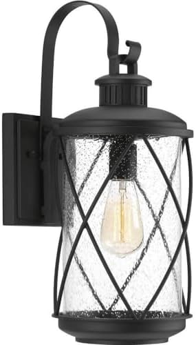 Progress Lighting Hollingsworth Collection 1-Light Clear Seeded Glass Farmhouse Outdoor Medium Wall Lantern Light Textured Black