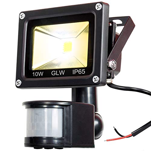 12V AC or DC LED Motion Sensor Flood Light,10W Mini IP65 Waterproof Outdoor Light,900LM,3000K,Warm White Security Light with PIR,80W Halogen Bulb Equivalent[NO Plug]