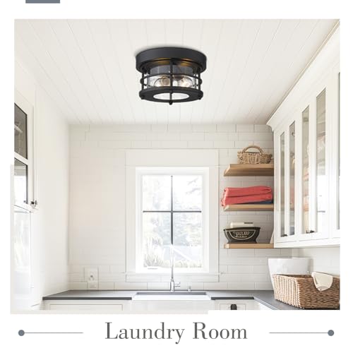Emliviar 2-Light Round Ceiling Light Fixture, Farmhouse Flush Mount Ceiling Light 10 Inch, Black Finish, WE2085F BK