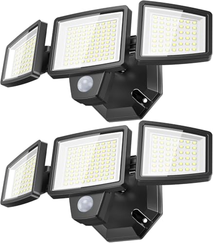 LED Security Lights Motion Sensor Outdoor Lights, 6500K Daylight, IP65 Waterproof, Dusk to Dawn, 3-Head Motion Detected Flood Light for Garage, Yard, Porch, 2Pack