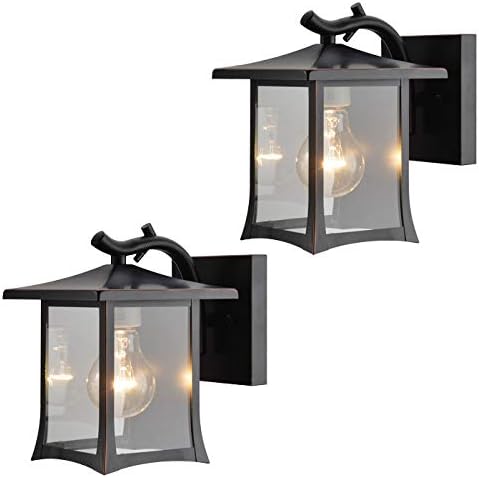 Twin Pack - Designers Impressions 73475 Oil Rubbed Bronze Mission Style Outdoor Patio/Porch Wall Mount Exterior Lighting Lantern Fixtures with Clear Glass