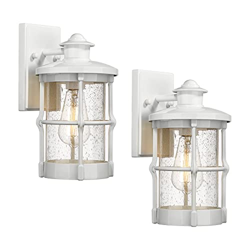 Outdoor Wall Sconces, Outdoor Wall Lights, Exterior Wall Mount Lighting, Modern Wall Light Fixture in White Finish with Seeded Glass for Front Porch, Entryway, Garage, Backyard, 2 Pac