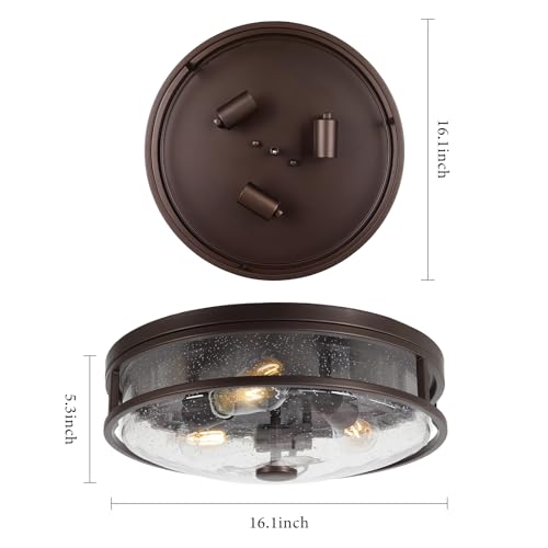 16 Inch Large Flush Mount Ceiling Light Fixture with Seeded Glass, Bronze