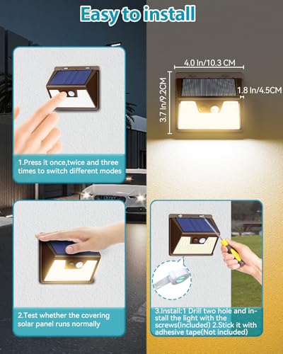 kolpop Solar Lights Outdoor 1 Pack, 140LED/3 Modes Motion Sensor Lights Solar Powered, Wireless IP65 Waterproof Outdoor Wall Lights, Bright for Deck Fence Patio Front Door, Warm Light (Brown)