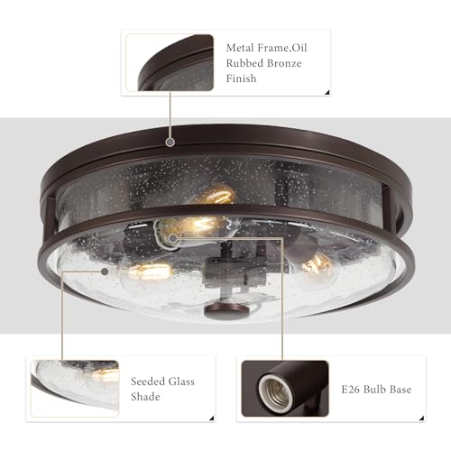 16 Inch Large Flush Mount Ceiling Light Fixture with Seeded Glass, Bronze