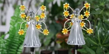 2pcs Fairy Garden Ornaments Outdoor Solar Pathway Lights, Flower Fairy Resin Figurine Lamp for Courtyard Lawn, Commemorate Gift (Yellow)