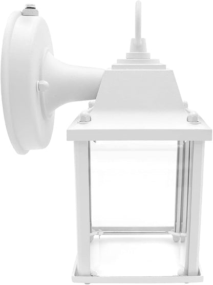 Maxxima LED Porch Lantern Outdoor Wall Light - White with Clear Glass, 3000K Warm White, 650 Lumens, Dusk to Dawn Photocell Light Sensor, Patio or Porch Sconce Fixture, Exterior Lighting - White