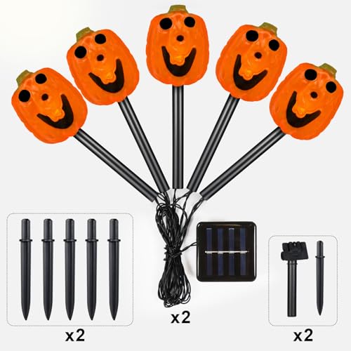 BRIGHTDECK Halloween Solar Pathway Lights Outdoor, LED Decor, Light Up Solar Stake Lights for Holiday, Halloween, Walkway, Sidewalk (Smile Pumpkin, 10-Pack)