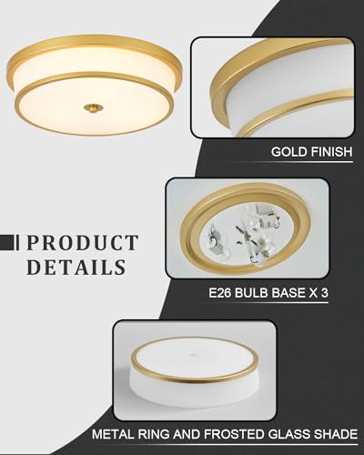 16 inch Flush Mount Ceiling Light, 3-Light Close to Ceiling Light Fixtures with Gold Finish for Livingroom Bedroom Kitchen Diningroom (Gold)