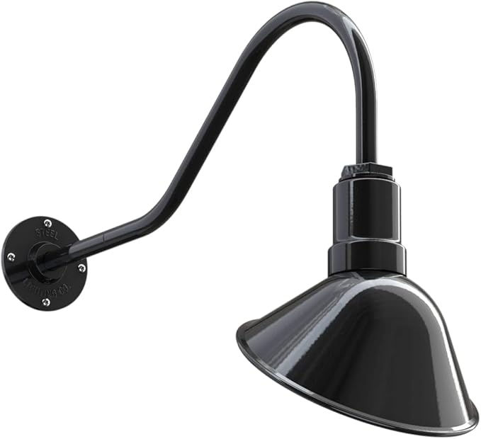 Steel Lighting Co. Venice Store Sign Light | for Outdoor Restaurant Accent Wall | 9 inch Dome | 23 inch Gooseneck | Made in America | Black Exterior/White Interior