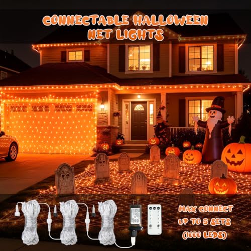 JMEXSUSS 200 LED Orange Net Lights for Halloween, Plug in, 9.8ft x 6.6ft
