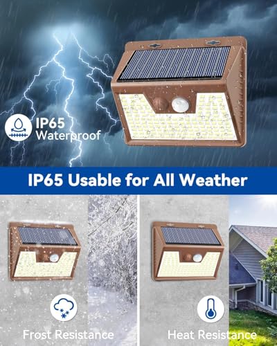 Solar Lights Outdoor Motion Sensor [3 Pack/140LED/Brown], Ultra-Bright 3 Mode Fence Security Light Waterproof, Solar Wall Lighting for Patio Yard Step House Outside