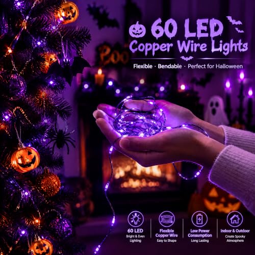 Dazzle Bright Halloween Fairy String Lights, Total 40FT 120LED Copper Wire Battery Operated Waterproof Lights, Halloween Decorations for Indoor Home Outdoor Garden Patio Party Decor (Purple)