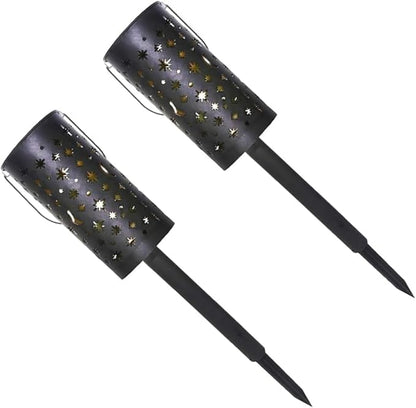 Zerodeko Solar Wrought Iron Lawn Plug Lights 2pcs, Hollow Star and Moon Landscape Garden Path Lights, Solar Powered Waterproof Outdoor Decorative Projection Lamps for Patio Yard