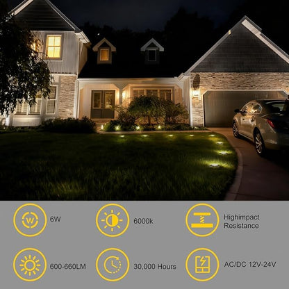 JESLED Outdoor Landscape Lights, 6W LED In Ground Well Lights, 12V 24V 3000K Warm White, IP67 Waterproof Low Voltage Landscaping Spotlight for Driveway Deck Step Yard Fence Garden Pathway (2 Pack)