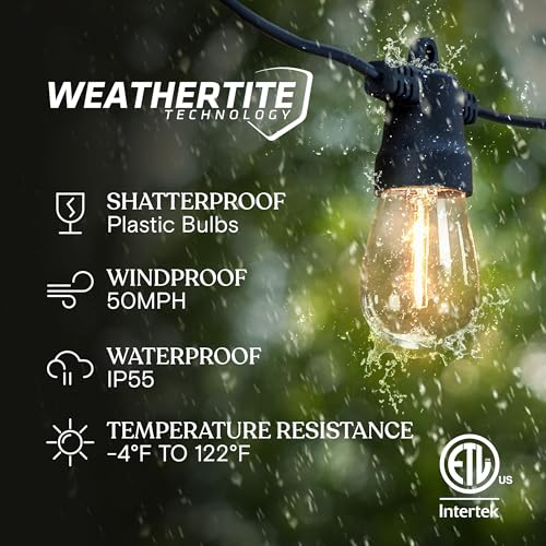 Brightech Ambience Hybrid Outdoor String Lights - Dual Plug and Solar Powered Waterproof LED Light String for Outside - 27 Ft, Soft White Edison Bulbs, for Camping, Patio, Cafe, Yard, Porch