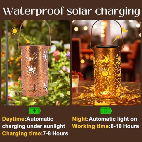 DIBIEECN Birthday Gifts for Women Mom Grandma Wife, Solar Lanterns Outdoor Waterproof, Metal Hanging Lights Garden Decor, LED Decorative Lantern for Patio Porch Backyard, Sun and Moon, 1 Pack