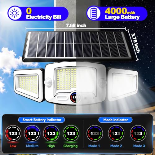 Solar Lights Outdoor Waterproof - Dual Motion Sensors & Rechargeable Battery, 3 Charging Methods Solar Flood Lights, Smart Display LED Security Lights for Garage, Porch, Patio, Yard