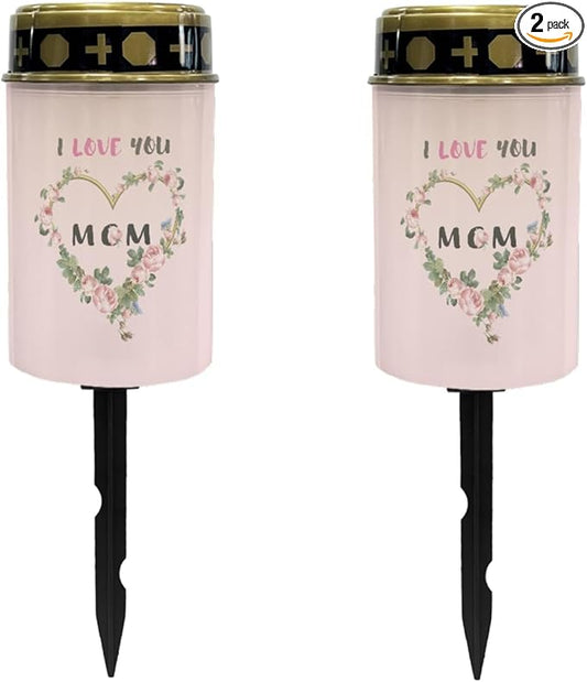 I Love Mom Solar Lights Outdoor Solar Garden Stake Lights Landscape Lighting for Yard Patio Cemetery Decoration for Grave,Flameless Warm White Lights Solar Powered Lights for Outside