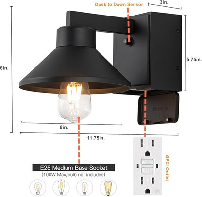 Dusk to Dawn Outdoor Barn Light Fixture with GFCI Outlet, Powder-coated Black Waterproof Exterior Wall Light Sconce, Photocell Sensor Porch Light Wall Mount with Outlet,Modern Farmhouse Outside Lights