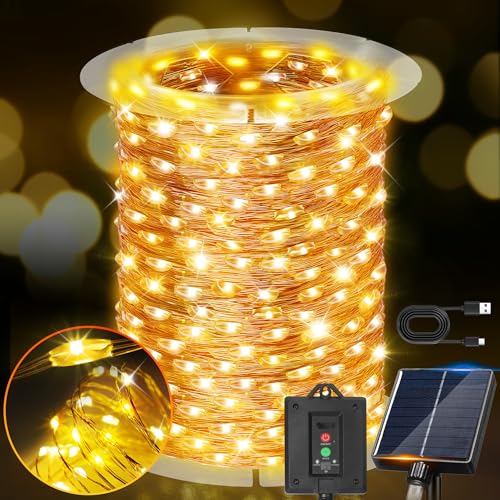 KNONEW 203FT 600LED Solar Fairy String Lights Outdoor Warm White 8 Modes