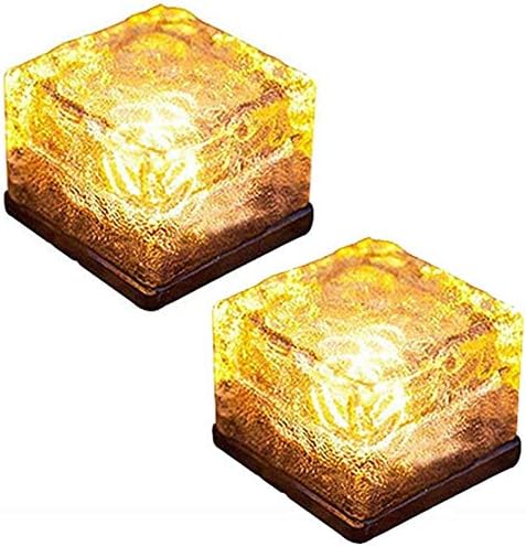 2 Pack Solar Path Ice Cube Lights Outdoor, Waterproof Garden Glass Path Light Solar Ice Light Crystal Brick Landscape Light (Warm)