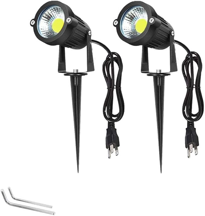 Pack of 2, Youngine Outdoor COB 5W LED Landscape Lights IP65 Waterproof COB Spotlights with Spiked Stand and US Plug for Outdoor Flag, Yard, Lawn, Tree(Cool White)