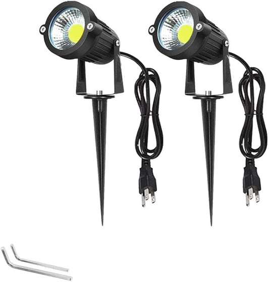 Pack of 2, Youngine Outdoor COB 5W LED Landscape Lights IP65 Waterproof COB Spotlights with Spiked Stand and US Plug for Outdoor Flag, Yard, Lawn, Tree(Cool White)