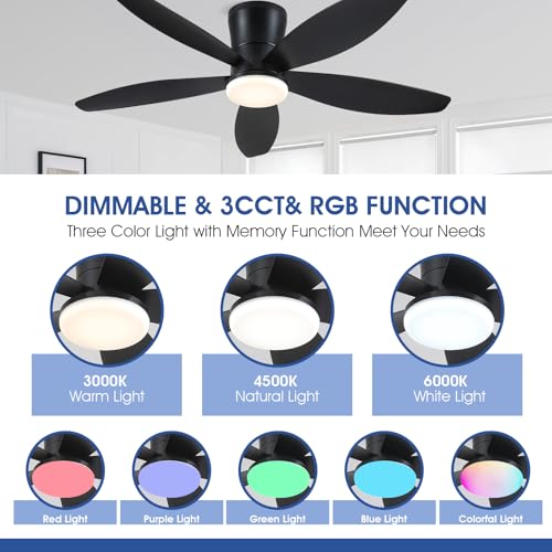 Surtime Flush Mount RGB Ceiling Fans with Lights-48 Low Profile Ceiling Fan with Light and Remote/APP Control,DC Reversible,LED Dimmable Blakc Ceiling Fans for Bedroom,Indoor/Outdoor Patio Use