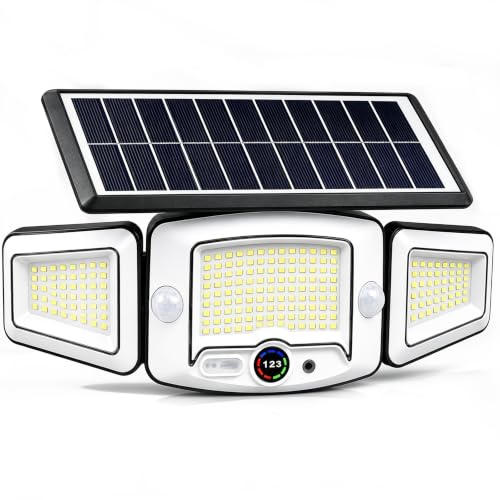 Solar Lights Outdoor Waterproof - Dual Motion Sensors & Rechargeable Battery, 3 Charging Methods Solar Flood Lights, Smart Display LED Security Lights for Garage, Porch, Patio, Yard