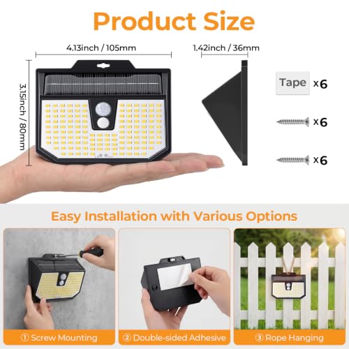 Brightever Solar Lights Outdoor, 6-Pack Motion Sensor Security Lights with 3 Lighting Modes, IP65 Waterproof Solar Powered Wall Lights for Fence, Deck, Patio, Step, Warm White