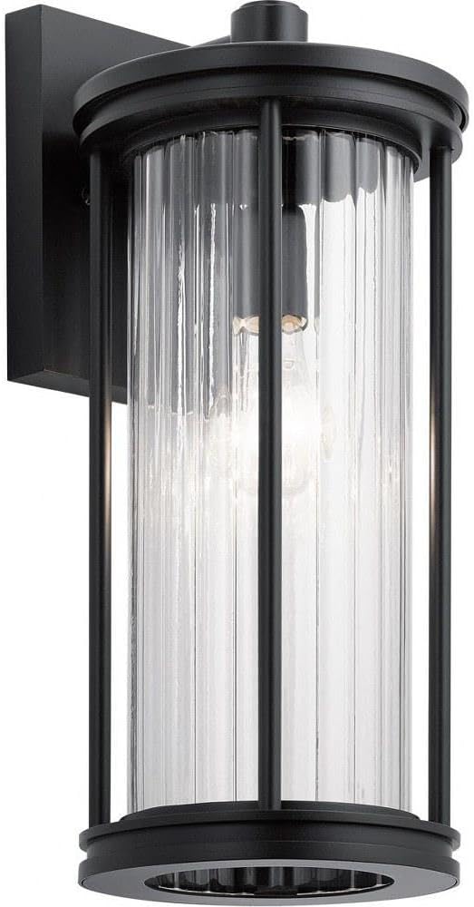 Kichler Barras 16" 1 Light Outdoor Wall Light with Clear Ribbed Glass in Black | Lumora