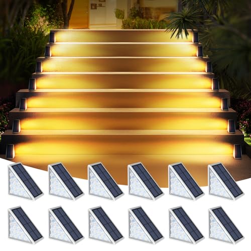 LED Solar Step Lights Waterproof Outdoor Stair Lights, Warm White Solar Deck Lights IP67 Solar Decoration Lights for Yard, Patio, Garden, Walkways, Front Door, Pathway, Driveway, Porch 12 Pack