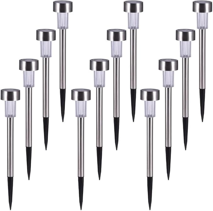 Solar Outdoor Lights, 5W LED Pathway Lights Solar Powered, Stainless Steel Waterproof Solar Garden Lights Decoration for Garden Patio and Walkway (12PCS, White & Silver)